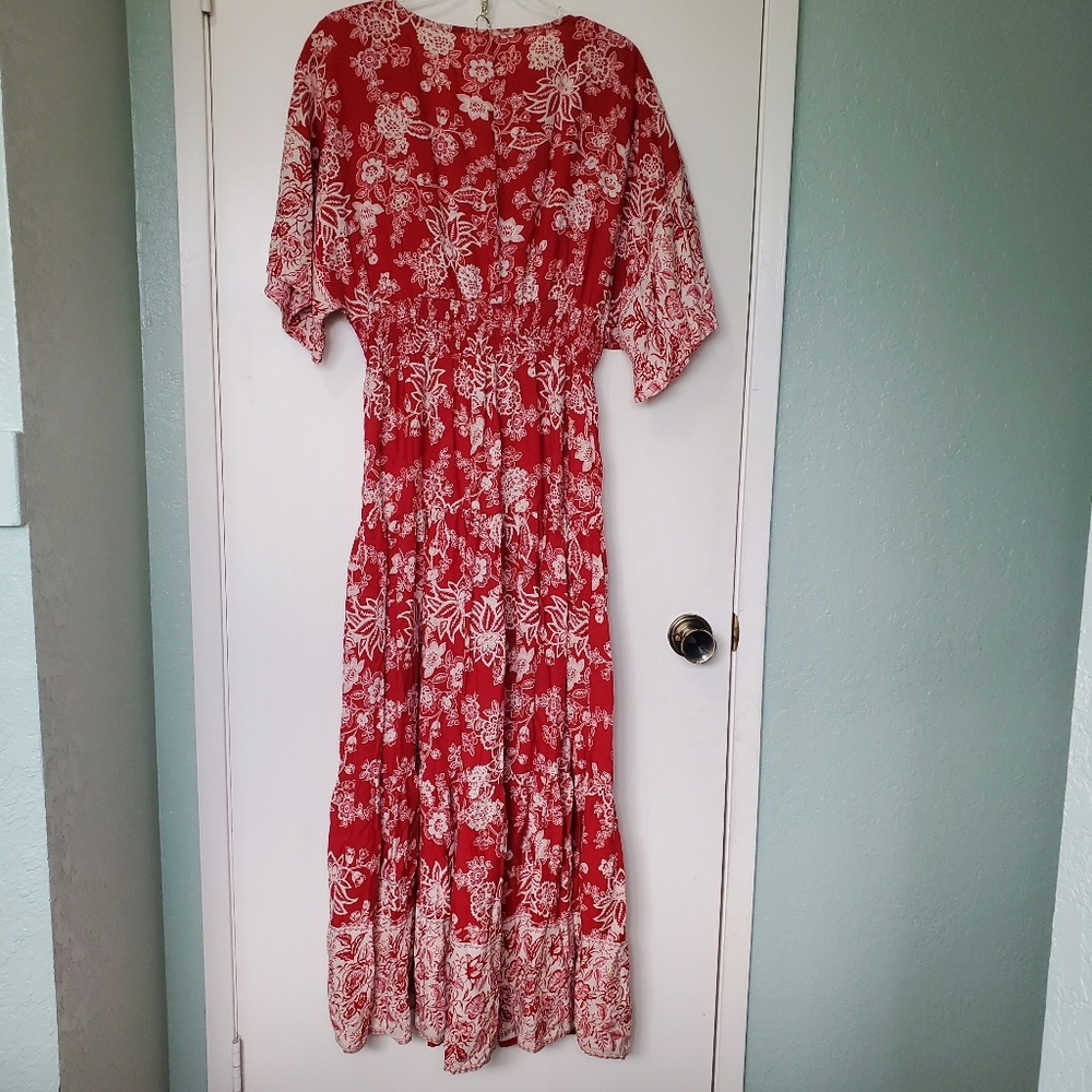 Wrapper Woman's Floral Red Maxi Dress 100% Rayon Size XL Empire Elastic Waist